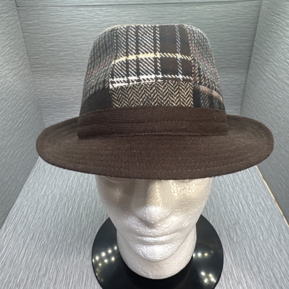 Patchwork Wool Fedora Hat Brown‎ Plaid Retro Vintage Style Italy Made Size M
